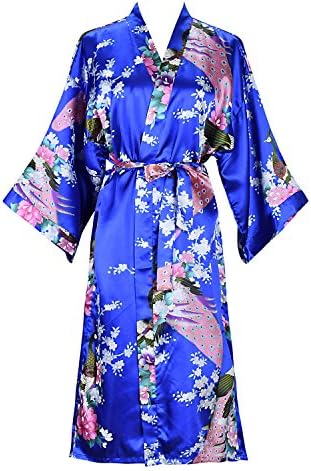 Women Kimono Robe Silk Pajamas Loungewear Peacock Satin Nightwear