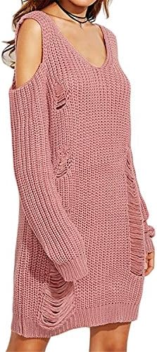 DATAIYANG Chic Women's Casual Long Sleeve Cold Shoulder Ripped Sweater Dress PinkLarge