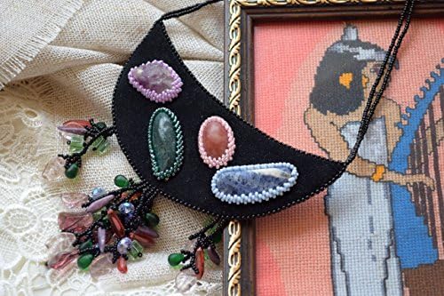 Bead Embroidered Necklace Statement Moon Bead Collar Gemstone Beaded Handmade Leather Jewelry Gems Black Embroidery Asia Mom Gift for Women