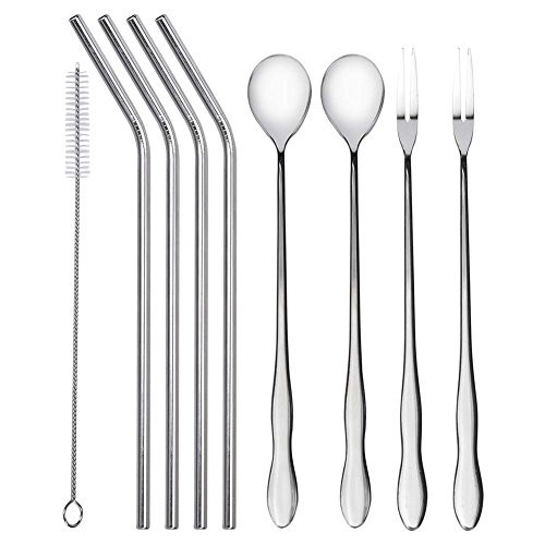 NGWALL Pieces of Stainless Steel Cutlery (Straw, Fork, Spoon,) Package Cleaning Brush - Reusable