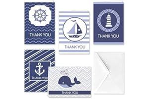 Paper Frenzy Coastal Nautical Thank You Note Cards and Envelopes - 25 pack, white