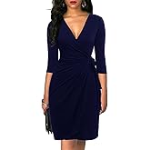 Berydress Women's Classic 3/4 Sleeve V Neck Sheath Casual Party Work Faux Black Wrap Dress
