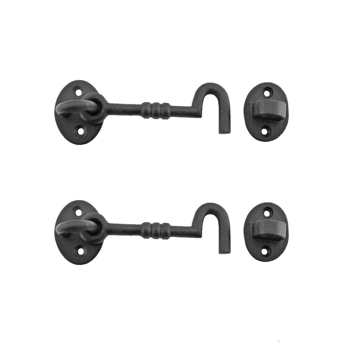 Photo 1 of Renovators Supply Manufacturing Black Wrought Iron Cabin Hook Eye 5" Long Large Decorative Privacy Hook Latches for Cabinet Window Kitchen Sliding Or Barn Doors with Mounting Screws Pack of 2