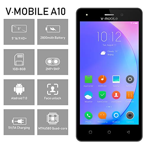 Moviles Libres Baratos 4G,V Mobile A10 5 Pulgadas 8GB ROM,2800mAh Bateria,Dual Camara,Dual Sim,Android 7.0 Smartphone Libres,Oro