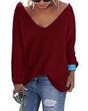 Sarin Mathews Womens Casual Autumn Deep V Neck Solid Loose Knit Pullover Sweater Burgundy M