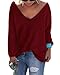 Sarin Mathews Womens Casual Autumn Deep V Neck Solid Loose Knit Pullover Sweater Burgundy M