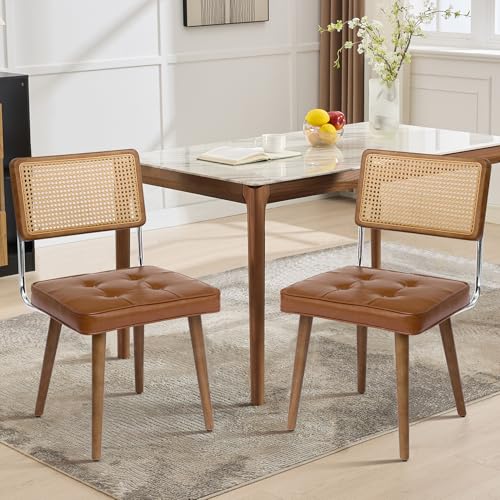 GarveeHome Natural Rattan Dining Chairs Set of 2, PU Upholstered Kitchen Chairs…