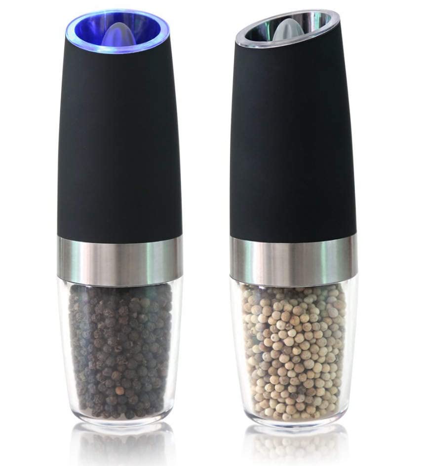 Photo 1 of (2pc) Gravity Electric Salt and Pepper Grinder Set with Adjustable Coarseness, Stainless Steel Blades, and Glass Body for Seasoning, Cooking, and Herbs, Black