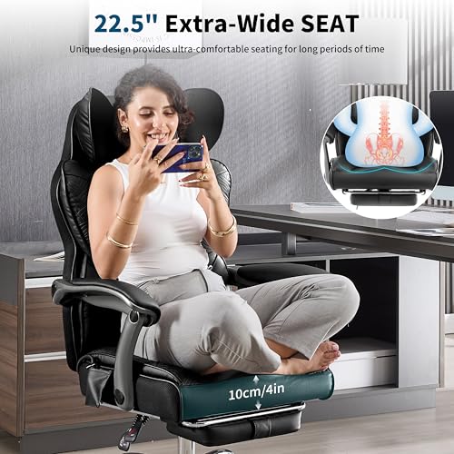 Fizzin PU Executive Office Chair, Big and Tall Ergonomic Office Chair with Footrest, Flip-Up Back Built-in Dynamic Airbag Lumbar Support and Interlocking Armrests (Black)