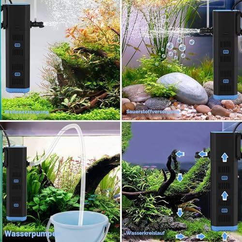 fishkeeper Aquarium Filter, Adjustable 500L/H Aquarium Internal Filter for 30L-120L Aquariums, 4-in-1 Aquarium Pump with Filter, Oxygen, Wavemaker, Filter Sponge (6W (500L/H, ≤120L))