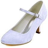 Elegantpark EP1085 Women Mary Jane Closed Toe Buckle Lace Pumps Satin Mid Heel Bridal Wedding Shoes