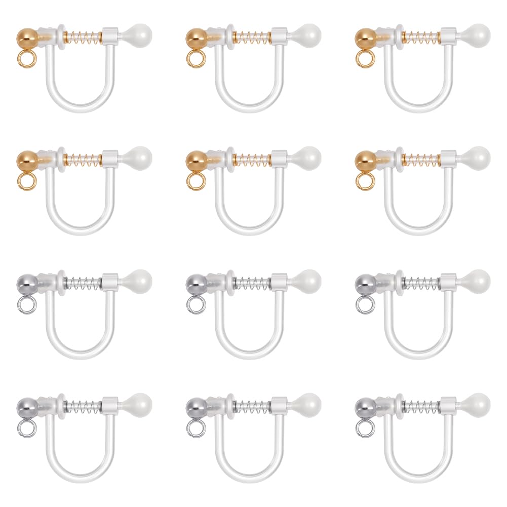UNICRAFTALE 12pcs Plastic Clip-on Earring Findings With Loop Shell Pearl and 316 Stainless Steel - Golden & Stainless Steel Color Non-Pierced for DIY Jewelry Making