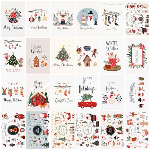 Christmas Cards with Envelopes and Stickers, 24 Assorted Designs Bulk Greeting and New Years Cards, 24 Pack Holiday Cards with Printed Message Inside to Send Warm Holiday Wishes to Friends and Family
