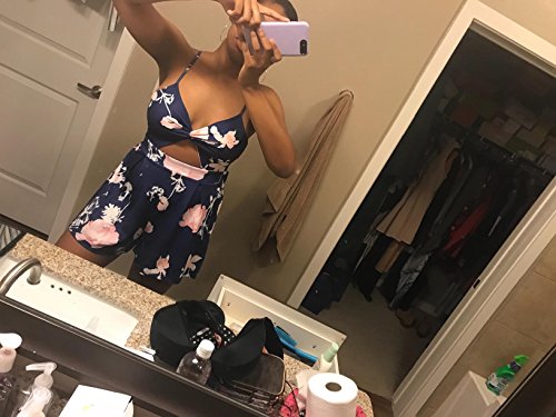 Women Sexy V Neck Printed Spaghetti Strap Beach Romper Shorts Jumpsuit Summer Playsuit, Light Blue 2, Large