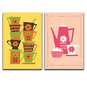 2 Panel Canvas Wall Art - Hand Drawn Coffee Theme Bottle and Cups - Giclee Print Gallery Wrap Modern Home Art Ready to Hang - 16"x24" x 2 Panels
