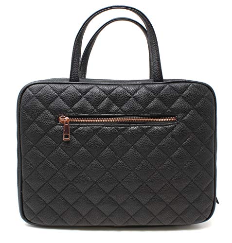 Leather Toiletry Travel Bag for Women - Large Cosmetic Size with 4 Pockets - Rose Gold Hardware and Satin Interior - Black 1 Leather Toiletry Travel Bag for Women - Large Cosmetic Size with 4 Pockets - Rose Gold Hardware and Satin Interior - Black