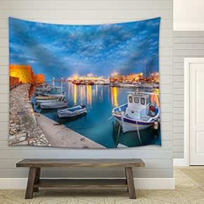 Old Harbour of Heraklion with Venetian Koules Fortress, Boats During Blue Hour, Crete, Greece - Fabric Wall Tapestry Home Decor - 51x60 inches