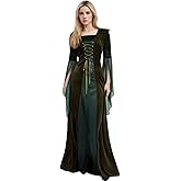 YOYEMAN Women Medieval Lace Up Dress Vintage Hooded Dress Renaissance Trumpet Sleeve Dress Halloween Party Costume