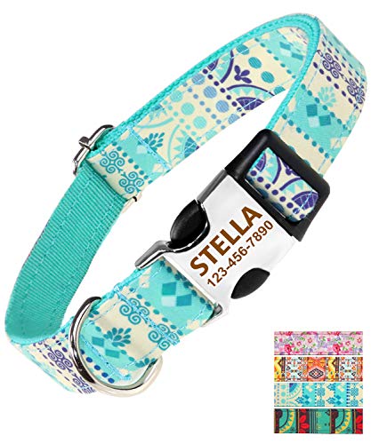 Taglory Heavy Duty Dog Collar Personalized, Quick Release Buckle Engraved with Name and Phone Number, Custom Girl & Boy Collars for Extra Small Dogs, 8-12 Inches Teal Blue