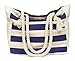 Malirona Large Beach Travel Tote Bag Canvas Shoulder Bag with Cotton Rope Handle (Blue Stripes)