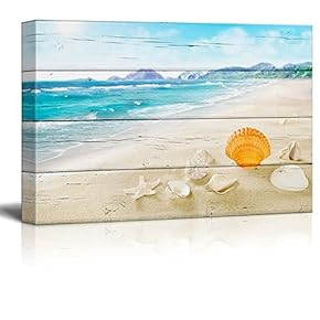 Canvas Wll Art - Tropical Beach with Star Fish and Seashells on Wooden Feeling Background - Giclee Print and Stretched Gallery Wrap | Modern Home Art Ready to Hang - 12"x18"