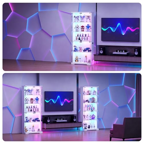 Dystler 69" RGB LED Display Cabinet 5-Tier Shelves & Lockable Glass Doors | 12 RGB Modes, Motion Sensor Auto-Light, Push-to-Open Glass Doors, Lockable, 5-Tier Wooden Shelf