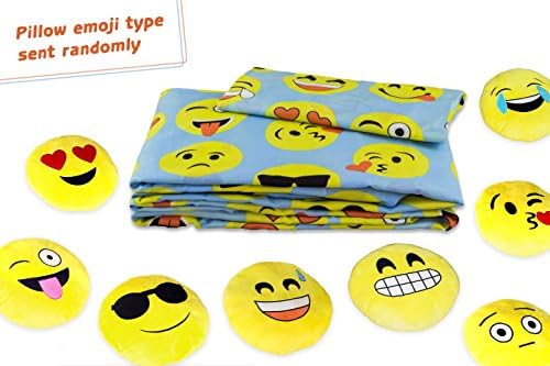 Fabugears Emoji Fun Sheet Set Comes With Plush Round 13 Inch Yellow Pillow Emoticon - 4 Piece (LIGHT BLUE, Full Size)