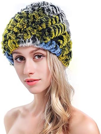 MEEFUR Women's Real Rex Rabbit Fur Hats Winter Crochet Knitted Headwear Girls'stylish Trendy Peaked Caps Multicolored