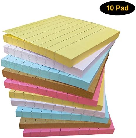 Self Sticky Notes Lined 10 Pad per Pack, 70 Sheets per Pad, 3 x 3 Inches, 5 Assorted Colors, Individual Package, Lightweight Easy Post Notes, Yellow Pink Brown Blue White