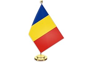 Romania Desk Small Flag Set,5×8 Inch Romanian Mini Desktop table Banner,12" Metal Solid Pole Decor,Tiny Digital Printed Polye