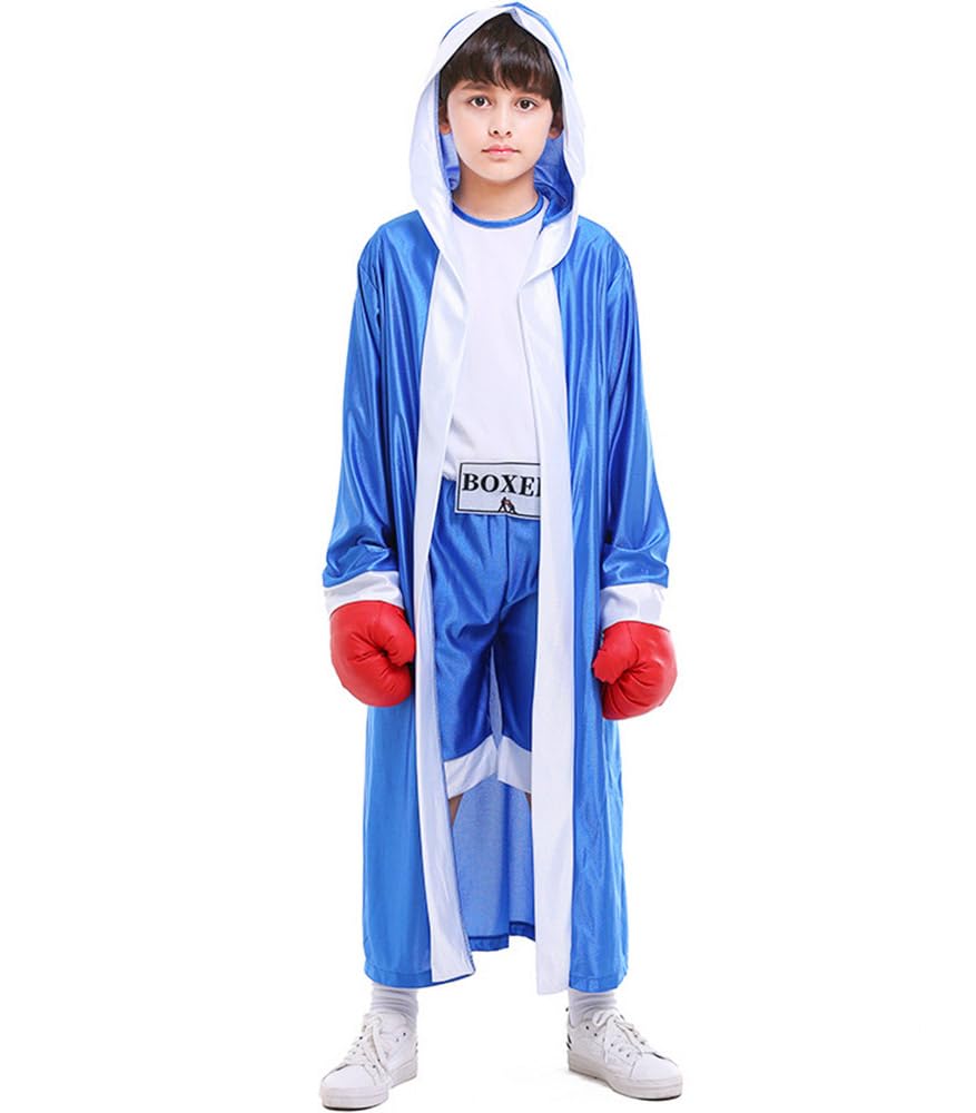 ZNLFS Children Boxing Costume Halloween Fancy Dress Role Playing Uniform Carnival Boxer Sport Jumpsuit and Robe for Kids (Blue, 6-8 Years) โ image 1