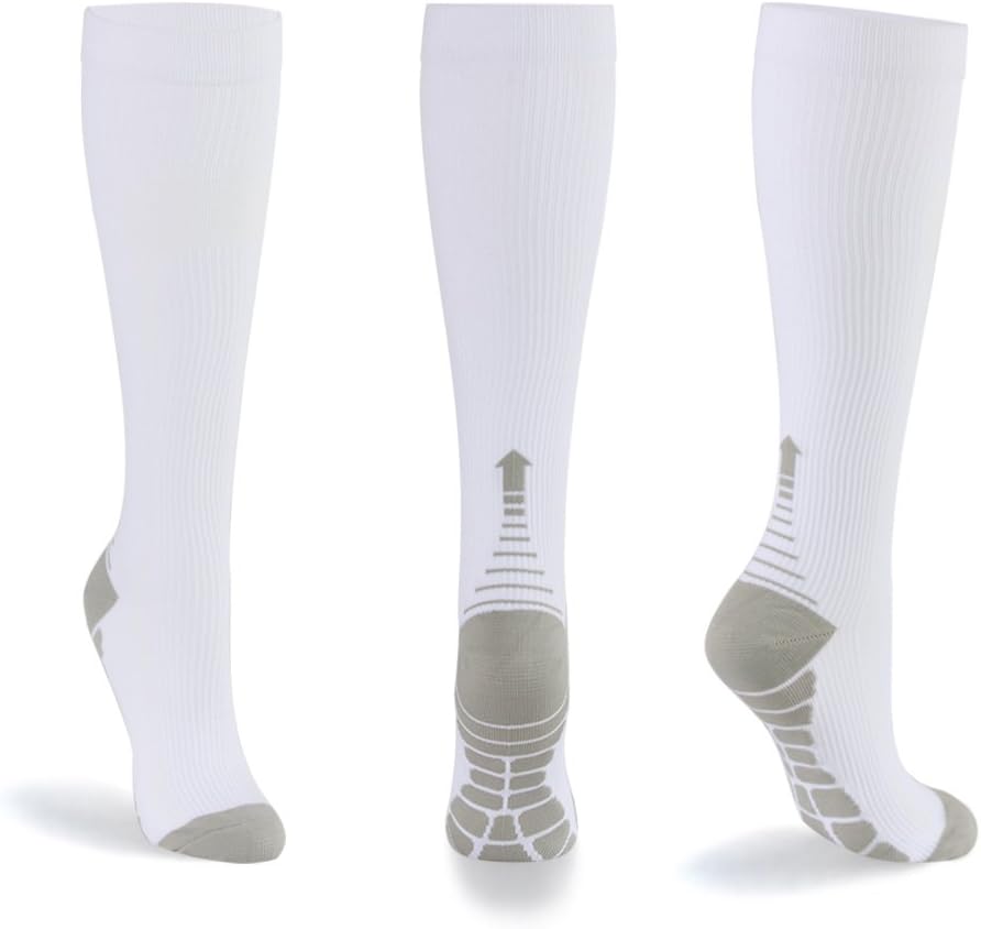 Compression Socks (1-4Pairs), 20-30 mmHg for Men & Women is Best Athletic & Medical for Running, Flight, Travel, Nurses,Edema, Varicose Veins, Maternity Pregnancy (（1Pair）White & Grey Arrow, L/XL)