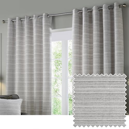 Paoletti Jupiter Room Darkening Eyelet Curtain Pair – Elegant Jacquard Chenille Lined Ring Top Drapes (Silver - 229x229cm)