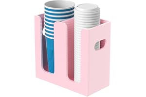 WINFFOR Disposable Cup Organizer Dispenser - 2 Compartments Lightpink Acrylic Cup and Lid Holder with Handles Plastic Cup Dispenser Countertop Paper Cup Holder for Coffee Bar House Party Essentials