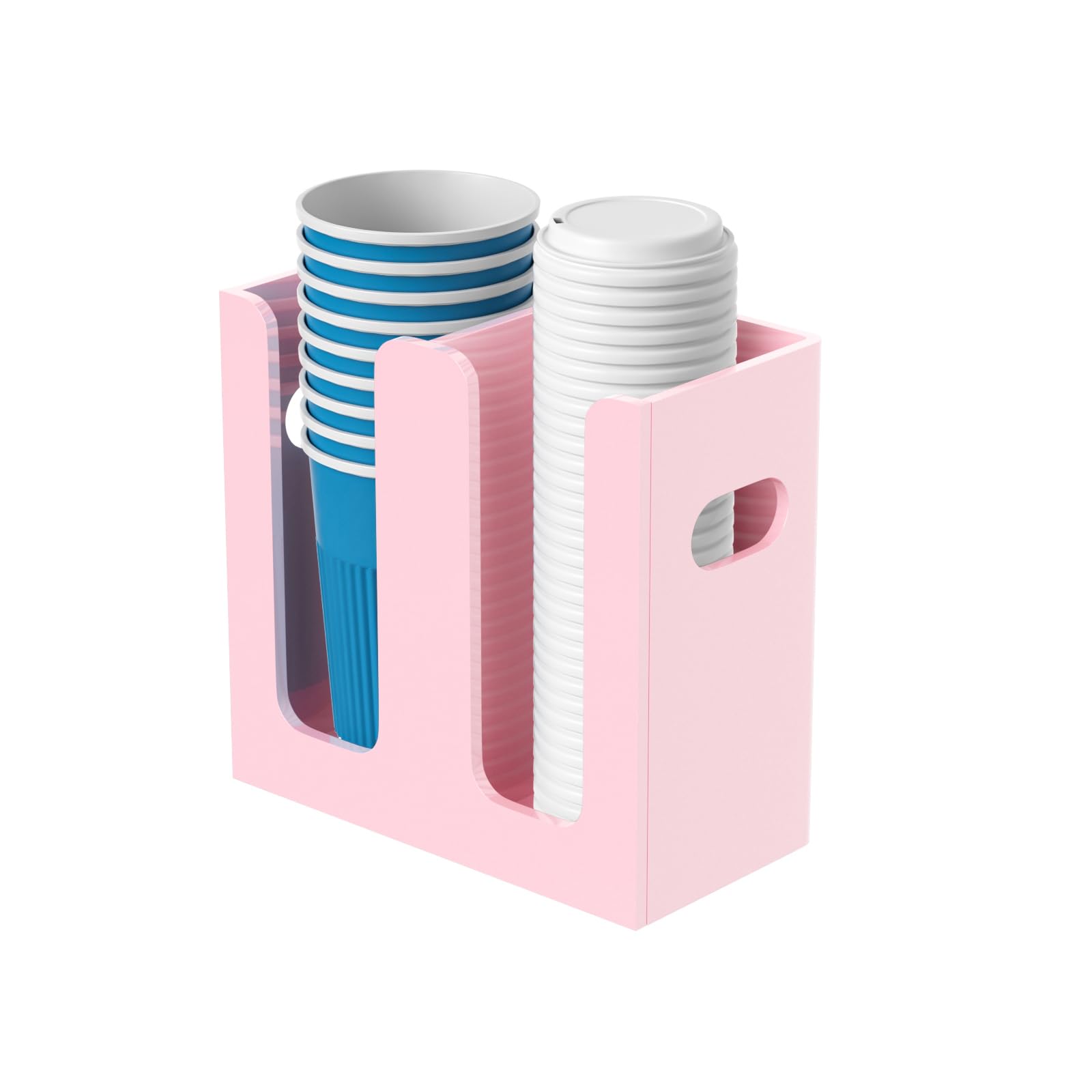 Photo 1 of WINFFOR Disposable Cup Organizer Dispenser - 2 Compartments Lightpink Acrylic Cup and Lid Holder with Handles Plastic Cup Dispenser Countertop Paper Cup Holder for Coffee Bar House Party Essentials