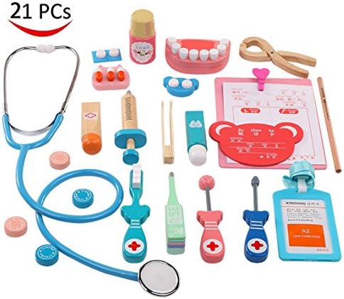 YCbingo Childrens Wooden Doctor Toy Set, Doctor Nurse Dress Up Role Play Fun Toy Gift For Kids 21 PCS