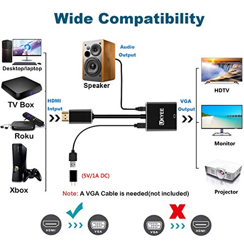 HDMI to VGA Adapter with Audio, UKYEE HDMI to VGA 1080P Male to Female Converter Nylon Braided for PC,Laptop,Monitor,Projector,HDTV,Xbox with 3.5mm Audio Cable and Micro USB Cable- Black - Thumbnail 2