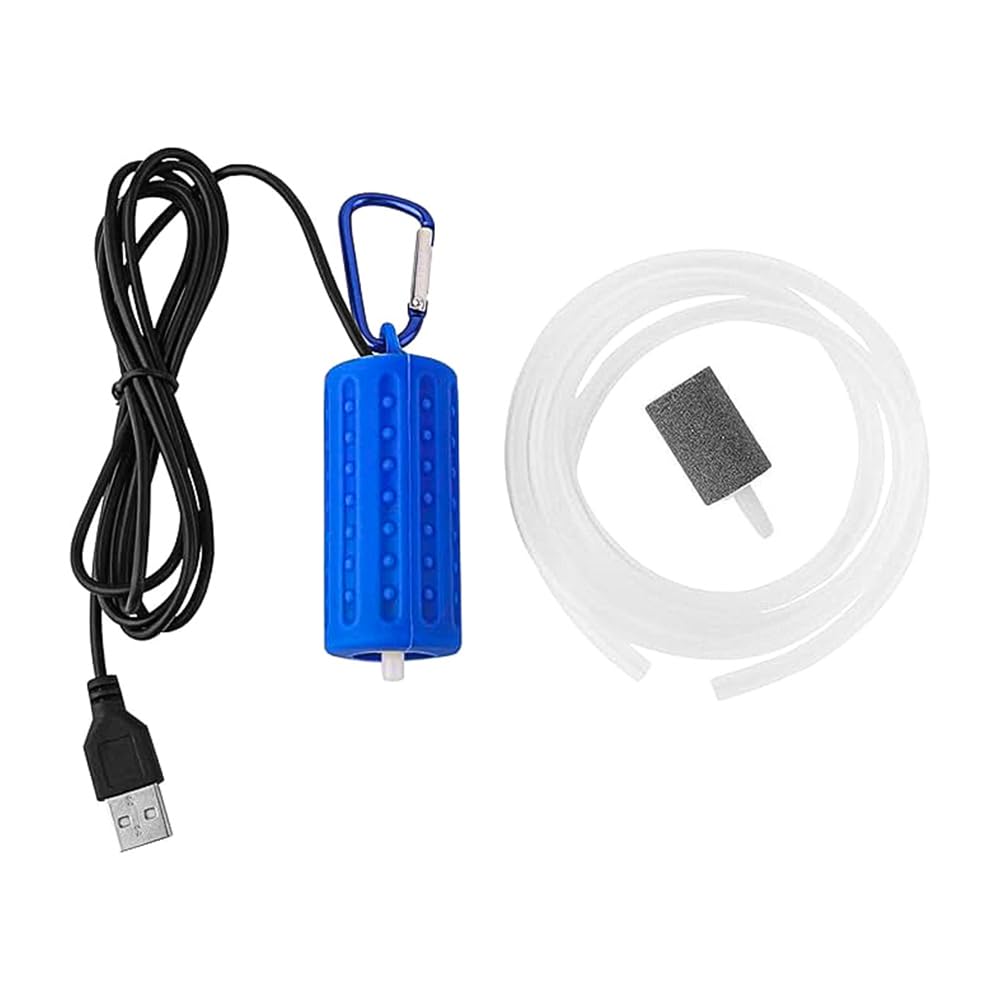 FONGKNOX Portable Mini Aquarium Air Pump USB Powered for Aquarium Fish Tank Oxygenation Fishing Buckets Super Quiet Oxygen Pump Silicone Tube with Carabiner & USB Cord Easy to USE & Carry Blue Colour