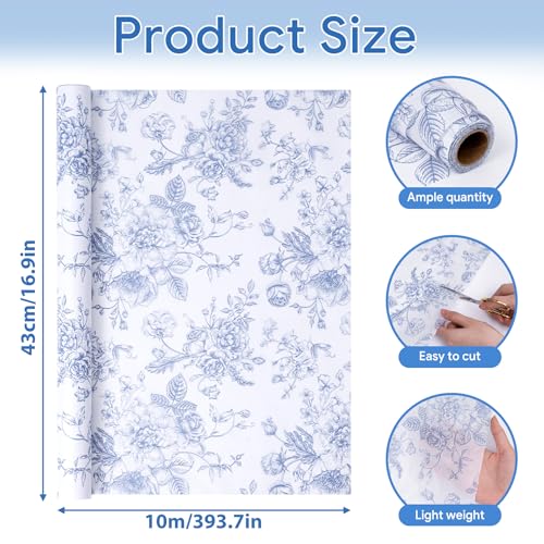 Larcenciel Tissue Paper Roll Vintage Floral, Blue and White Tissue Paper for Gift Bag Filler, Artistic Gift Packaging for Wedding, Birthday, Party, Craft, 10 M×43 CM