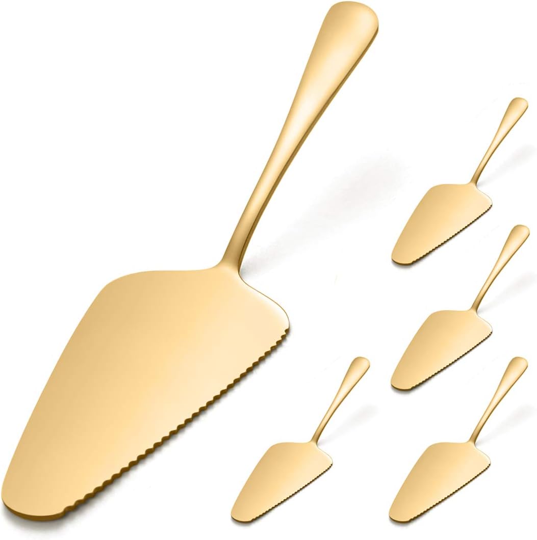 RayPard Pack of 5 Stainless Steel Pie Cake Server Knife with Mirror Finished & Onside with Fine Serrated Edge (Gold)