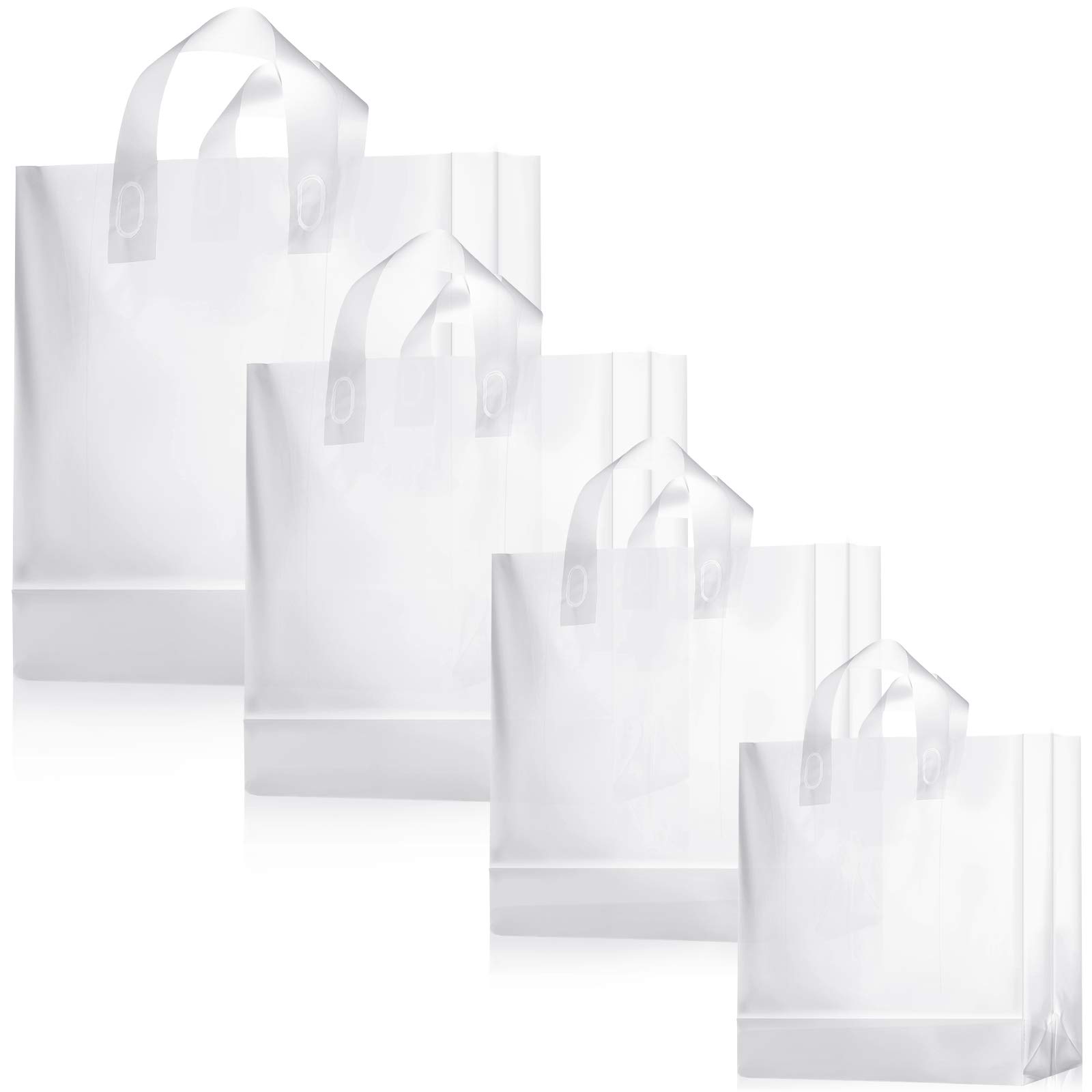 Photo 1 of Weewooday 100 Pcs Frosted Plastic Gift Bags with Handles for Small Business Clear Shopping Bags with Cardboard Bottom,4 Sizes(Clear)