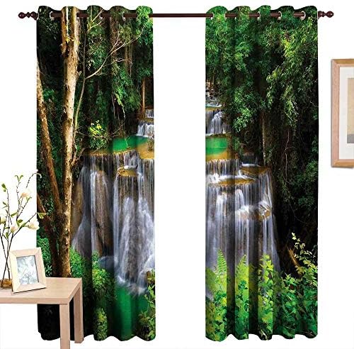 TimBeve Bedroom Curtains 2 Panel Sets Waterfall,Stunning View of Waterfall in Kanjanaburi Stream Crossing Forest,Green Pale Coffee White,Complete Darkness, Noise Reducing Curtain 84"x100"