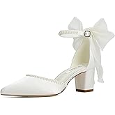 Block Heel Wedding Shoes for Bride Closed Toe Wedding Heels with Bow Pearl Bridal Shoes