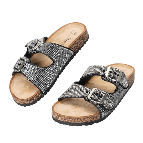 JOMIX Women's Flip Flops with Rhinestones Double Strap Sandals with Adjustable Buckle and Soft Cork Summer Clogs Comfortable Footwear