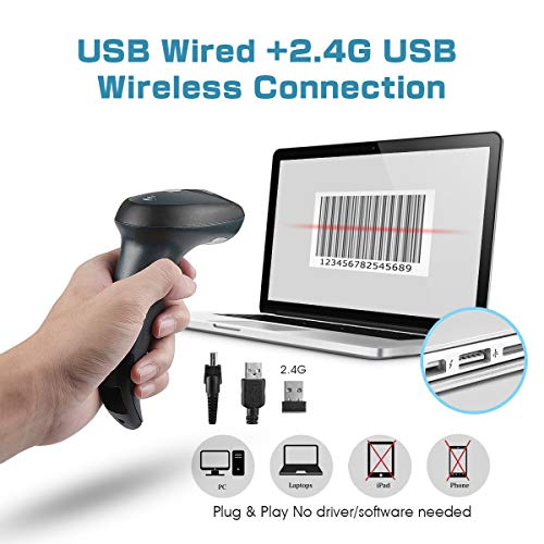NETUM Barcode Scanner Wireless 2-in-1 (2.4Ghz Wireless+USB 2.0 Wired) Rechargeable Automatic 1D Barcode Reader USB Handheld Bar Code Scanner with Stand