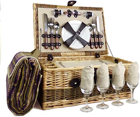 The Hadrian 4 Person Wicker Picnic Basket Set includes Purple Blanket - Gift ideas for Valentines, him, her, Birthday, Wedding, Anniversary, Corporate, Business, Thank you, Outdoor, Family, Vacation