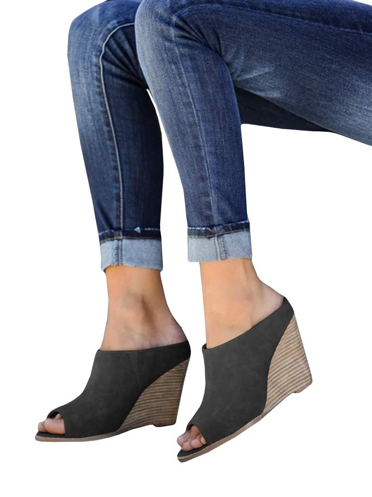 Women’s Wedge Mules Peep Toe Slide-On Stacked Heel Slingback Faux Suede Dress Summer Sandals - Image 3