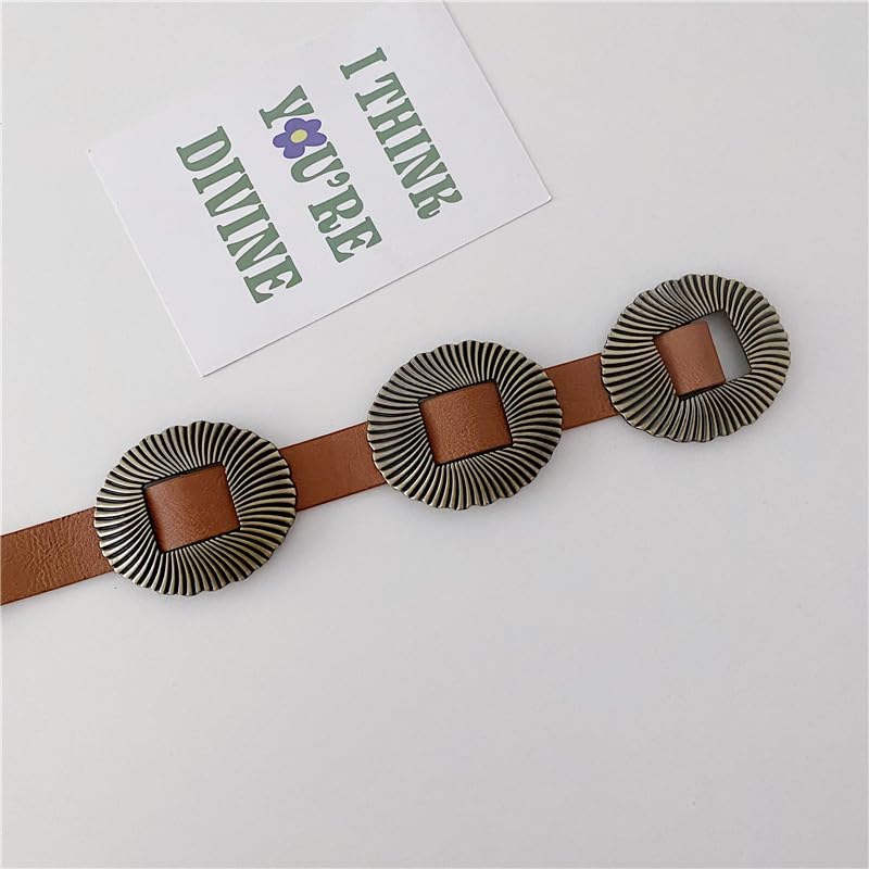 INOGIH Women's Brown Western Concho Boho Belt - Adjustable PU Leather Waist Belt for Dresses, Jeans & Coats