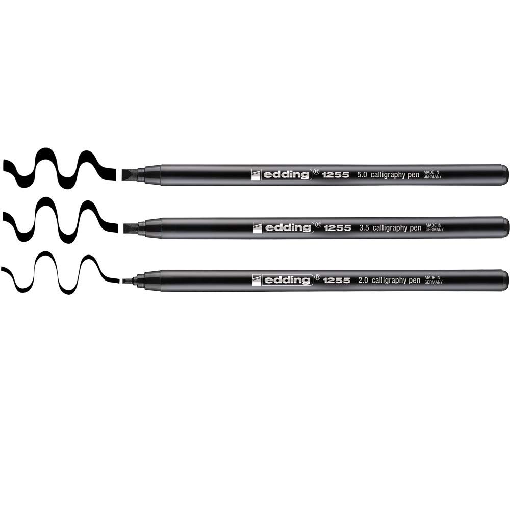 edding 1255 calligraphy pen - black - 3 pens - calligraphy nib 2 - 5 mm - fibre pens for paper, wood, terracotta, canvas - hand lettering, bullet journals, thank you cards, calligraphy books