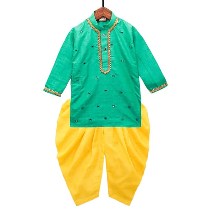 Kid1 By Hopscotch Boys Benarasi Silk Mirror Work Kurta Dhoti In Blue Color